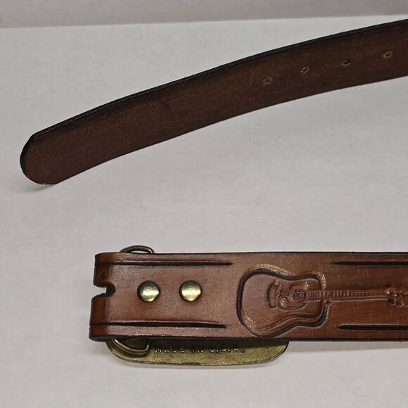 Vintage Tooled Leather & Brass Guitar Belt and Belt Buckle Made In U.S.A. - Picture 9 of 12